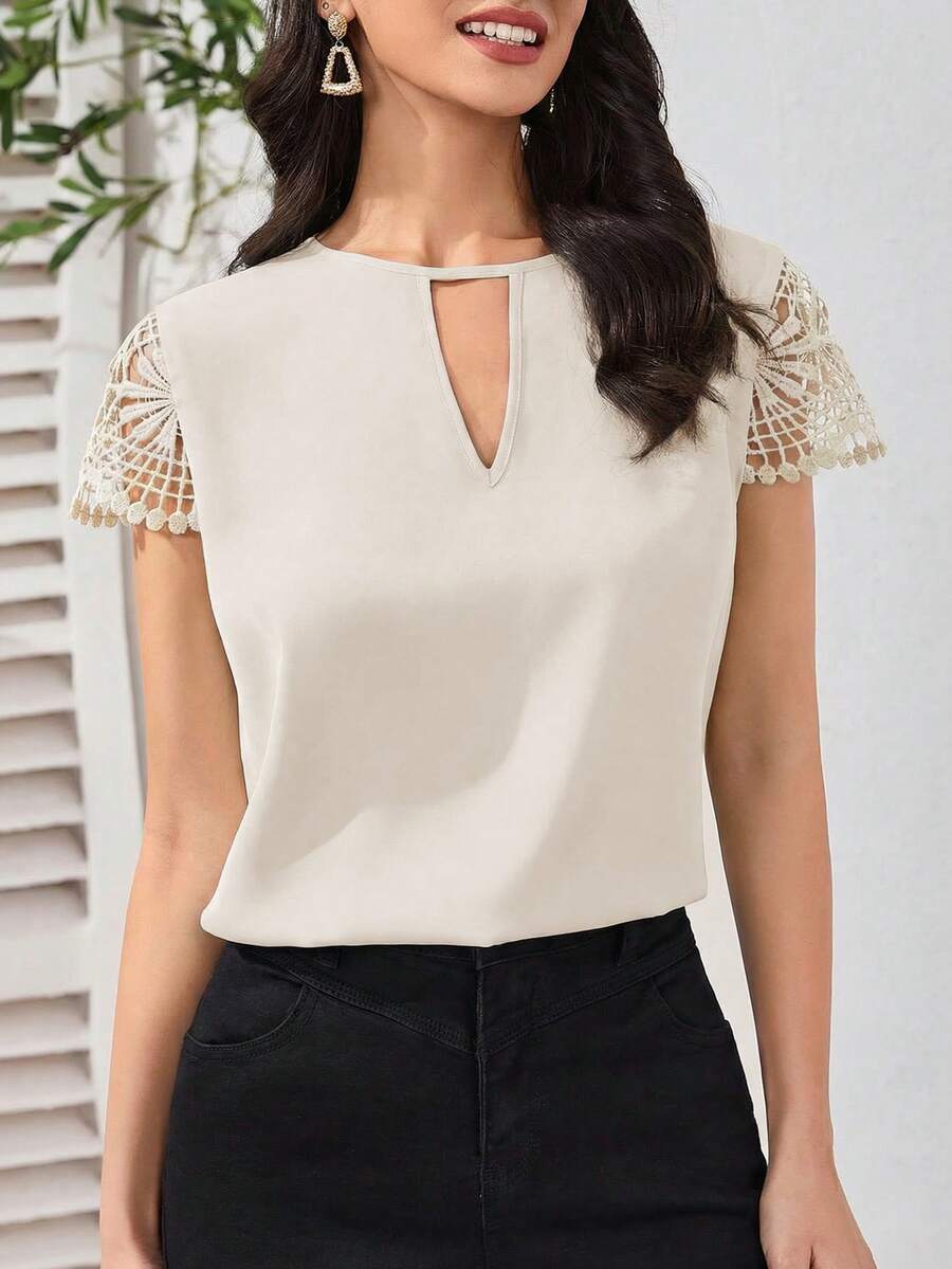 SHEIN Clasi Guipure Lace Sleeve Keyhole Neck Blouse - Apricot - View 1