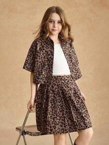 SHEIN Sparklyn Tween Girls Leopard Print Outfit, Includes Loose Fit Top And Skirt, Soft Fabric, Streetwear Style, Suitable For Casual Daily Wear, Street Fashion Photoshoot And Gatherings - Coffee Brown - View 5