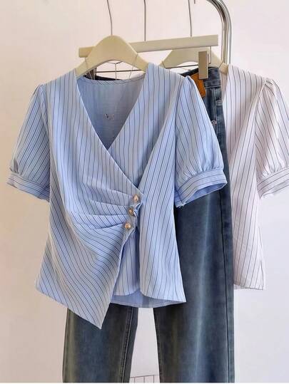 GlowEve CURVE Plus Size Women V-Neck Asymmetrical Striped Waist Shirt