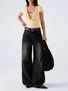 LYSMO Áo thun nữ màu trơn cổ tròn tay ngắn ôm sát, xếp ly, phối ren. - Màu vàng ngỗng - Xem 5