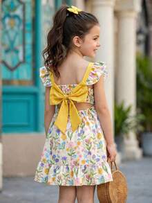 Elladie kids 女童休闲中长连衣裙，后背可爱蝴蝶结设计，黄色碎花连衣裙，女童碎花连衣裙，碎花荷叶边连衣裙，黄色蝴蝶结连衣裙，女童蝴蝶结连衣裙，印花连衣裙，荷叶边吊带连衣裙，夏季连衣裙，女童碎花连衣裙，女童夏季连衣裙，碎花连衣裙，黄色碎花连衣裙，女童可爱连衣裙 - 黃色 - 查看 9