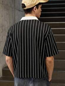 SWAVVY 男士标准尺码休闲条纹Polo衫，短袖，黑白印花 - 黑色 - 查看 5
