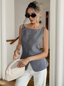 Siren Gaze Camiseta sin mangas con cuello cuadrado y botones frontales para mujer, de uso casual y para ir al trabajo - Marrón - Ver 6