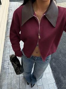 SHEIN Frenchy 复古拼接领短款开衫毛衣 - 2 色可选，女士秋冬服装，美拉德针织开衫，高端仿皮领双拉链针织开衫外套 - 酒紅色 - 查看 6