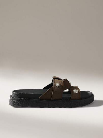 Solecia Nya moderiktiga slip-on sandaler med metallspänne och kilklack, bekväma och halkfria, mångsidiga och lätta att rengöra, lämpliga för strand och vardagsbruk