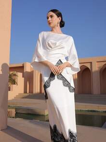 Graceveil 女士优雅撞色蕾丝喇叭袖荷叶边腰部不对称下摆上衣和半裙套装，适合春秋季约会穿着 - 黑與白 - 查看 2