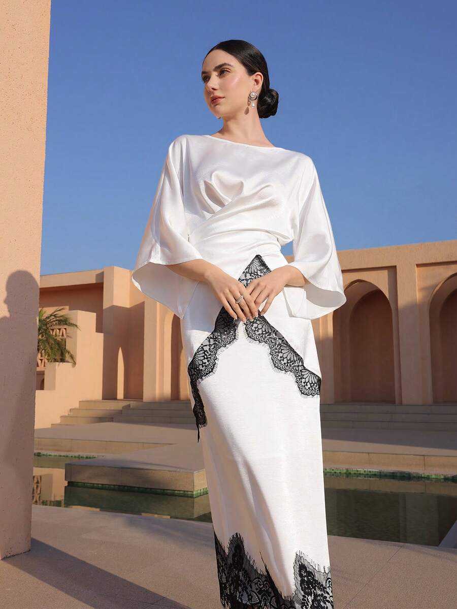 Graceveil Women's Elegant Contrast Lace Flare Sleeve Ruffle Waist Asymmetrical Hem Top And Skirt Set, Suitable For Spring And Autumn Dates - Black and White - View 1