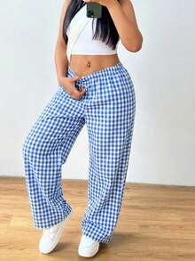 SHEIN EZwear 浅蓝色加大码休闲格子松紧腰宽松裤 - 淺藍色 - 查看 5
