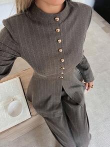 Livesso 两件套女士条纹高领露脐上衣和休闲裤，适合春夏季通勤穿着 - 咖啡棕 - 查看 6