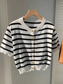 SHEIN EZwear Áo len ngắn tay kẻ sọc đen trắng dành cho nữ - Đen và trắng - Xem 6