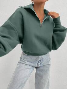 SHEIN Cottnline 100% Cotton Collar With Zipper Pattern Oversize Sweatshirt - Mint Green - View 4