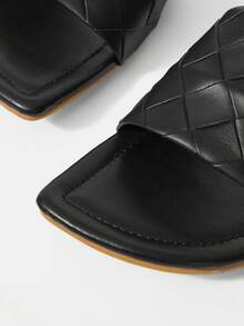 Mnmlis Women's Flat Sandals, Spring/Summer Fashion New Woven PU Material Minimalist Casual Style Classic Strap Flat Slide Sandals - Black - View 5