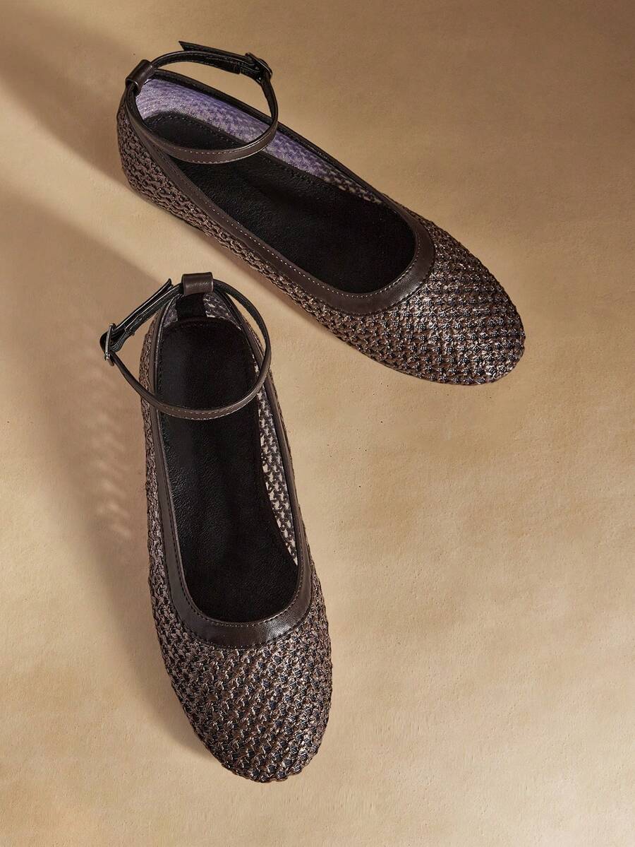 Rosivie 女士鞋履 春夏圆头平底棕色踝带编织鞋 舒适透气 女士平底鞋 假日风 波西米亚风 西部风 音乐节 派对 平底女鞋 情人节 - 咖啡棕 - 查看 1