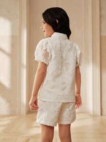 SHEIN Elladie kids Young Girl Solid Color Button Front Short Sleeve Shirt And Shorts Set, Young Girls Linen Retro Outfit, Summer Little Girl Outfit Sets For Recognition - White - View 2