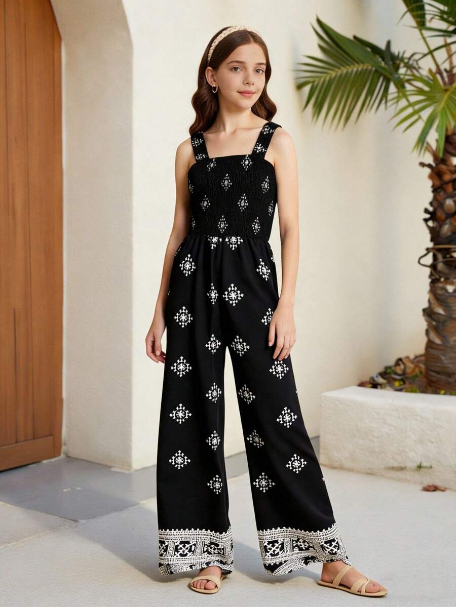 SHEIN ChillGRL Teen GirlEthnic Print Jumpsuit, Black Slim Fit Sleeveless Jumpsuit, Casual Vacation Wear, Suitable For Summer - Black - View 1