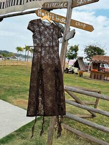 SHEIN EZwear Western Style Mesh Mini Dress For Women, New Spring/Summer Collection Cowgirl Dress Women Cowgirl Outfit Sexy Brown Dress See Through Dress Dark Brown Dress Brown Lace Dress Western Dress Brown Sheer Dress Brown Western Dress Cow Girl Dress - Brown - View 4