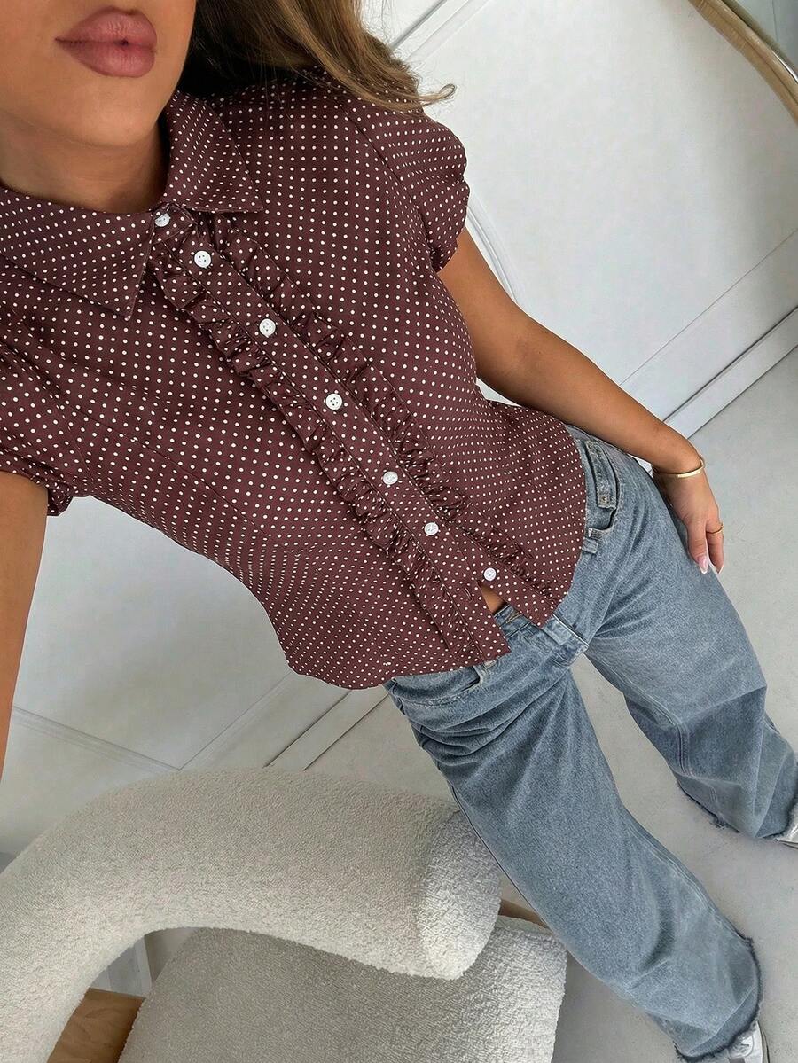 SHEIN EZwear 棕色梭织波点吊带短袖女式衬衫 - 棕色 - 查看 1