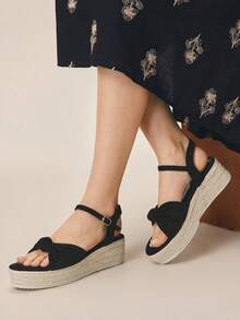 Sandalias de plataforma y cuña casual de unicolor tejidas para mujer de Styleloop, con decoración de lazo de ante, estilo bohemio de vacaciones, estilo vintage francés de lona de plataforma, sandalias de tobillo de estilo occidental, ropa de festival de música, zapatos de primavera y verano para vacaciones de primavera y Pascua - Negro 3 - Ver 5