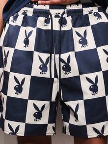 PLAYBOY X SUMWON Checkerboard Pattern Pull On Nylon Shorts With Elastic Waist For Casual Summer Streetwear Style - Blue - View 6