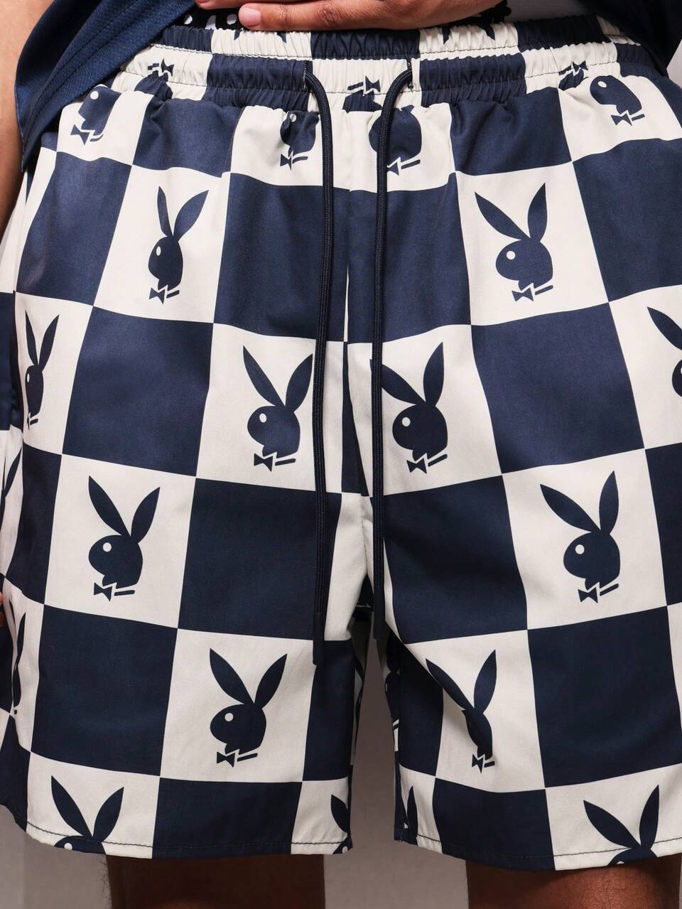 PLAYBOY X SUMWON Checkerboard Pattern Pull On Nylon Shorts With Elastic Waist For Casual Summer Streetwear Style