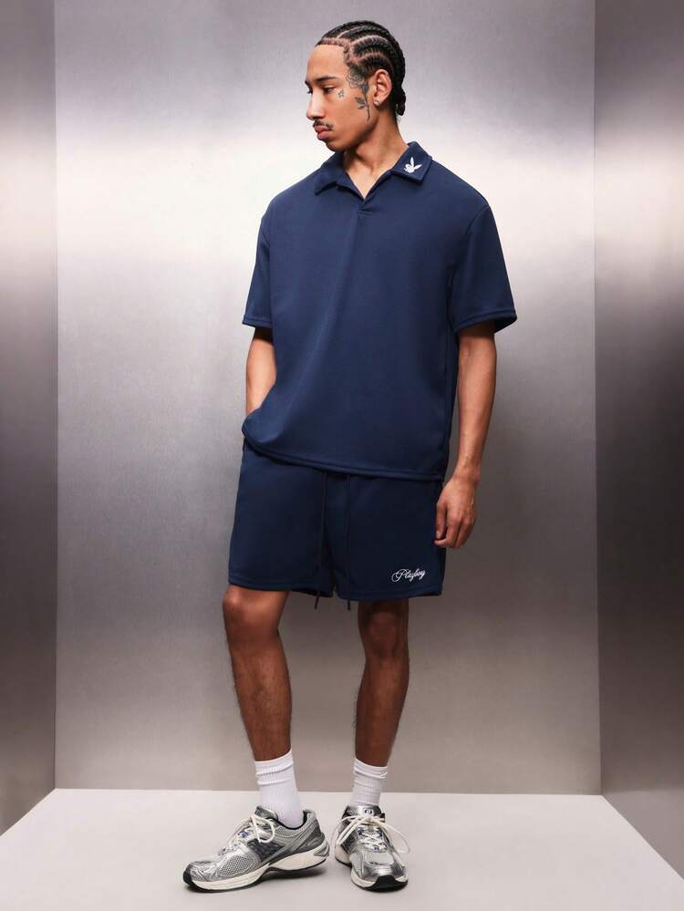 PLAYBOY X SUMWON 남성용 네이비 블루 폴로 셔츠 및 반바지 코디 세트 매칭 투피스 의상 여름 캐주얼 칼라 상의 드로스트링 허리 반바지