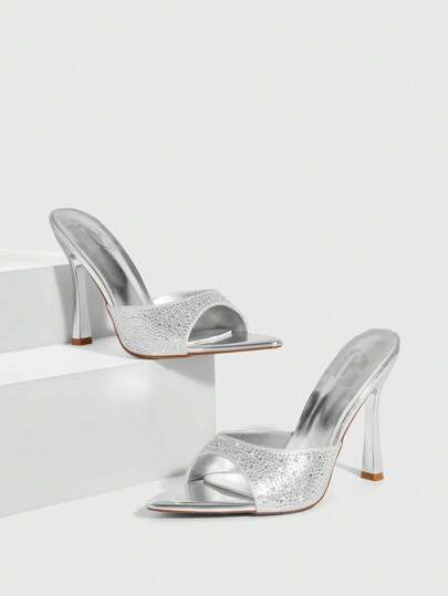 CUCCOO SZL أحذية نسائية ذات كعب عالي مدبب مرصعة بالراين الفضي، أنيقة وأنثوية، نعال وأحذية كعب عالي مناسبة للتنانير والحفلات والمناسبات اليومية