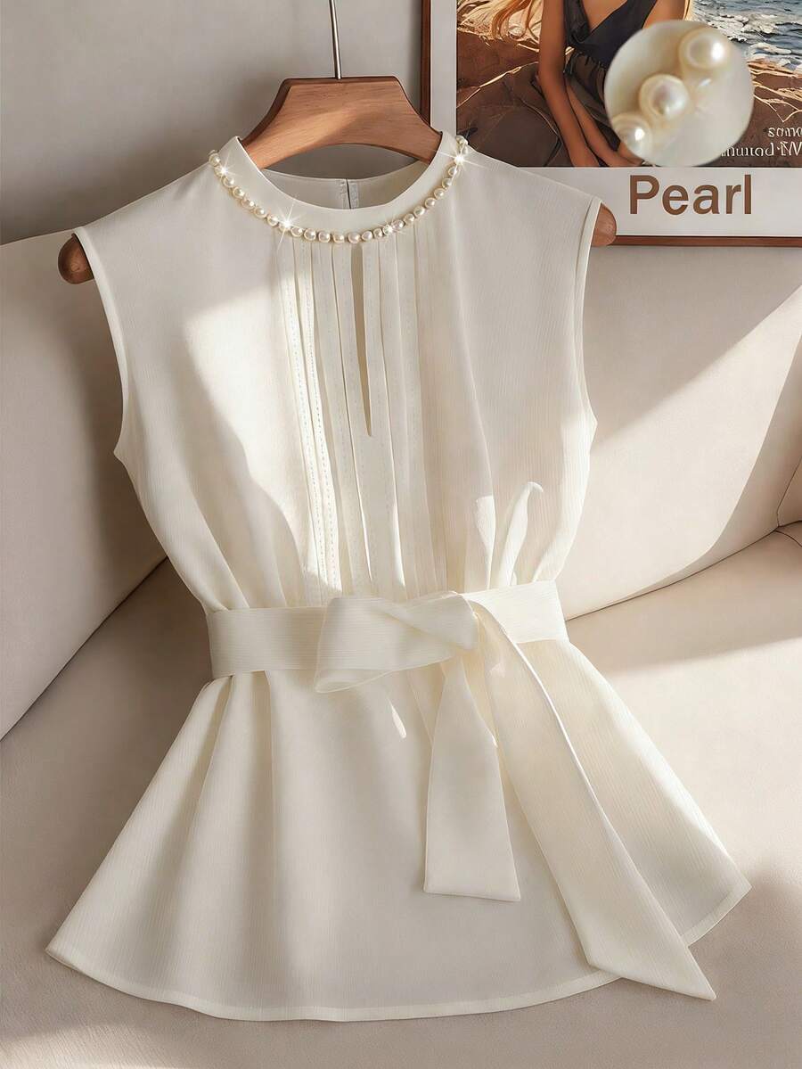 SHEIN Franclia 时尚女士无袖衬衫，饰有串珠领，前中条纹，后领水滴形设计，直筒宽松A字廓形；时尚优雅女士吊带背心 - 米色 - 查看 1