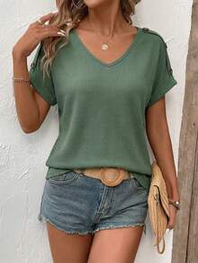 Lymera Áo thun nữ dáng suông, màu trơn, chất liệu vải waffle, cổ chữ V, cài nút, gấu áo xắn, tay cánh dơi, thích hợp mặc đi nghỉ mát và đi làm, mùa hè. - màu xanh lá - Xem 5