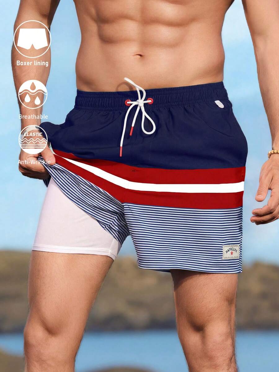 Manfinity Swimmode Men Loose Striped Beach Shorts In Vacation Style Milk Silk Lining - Red and White - View 1