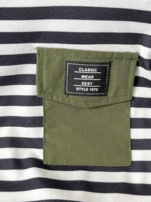 SHEIN Playful Pals Baby Boy Summer Casual Fashionable Street Daily Commute Striped Print Contrast Color Flap Pocket Short Sleeve T-Shirt And Shorts Loose Suit - Multicolor - View 7