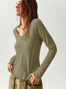 Bohemela 女士度假波西米亚风休闲秋冬 V 领长袖宽松 T 恤 - 軍綠色 - 查看 6