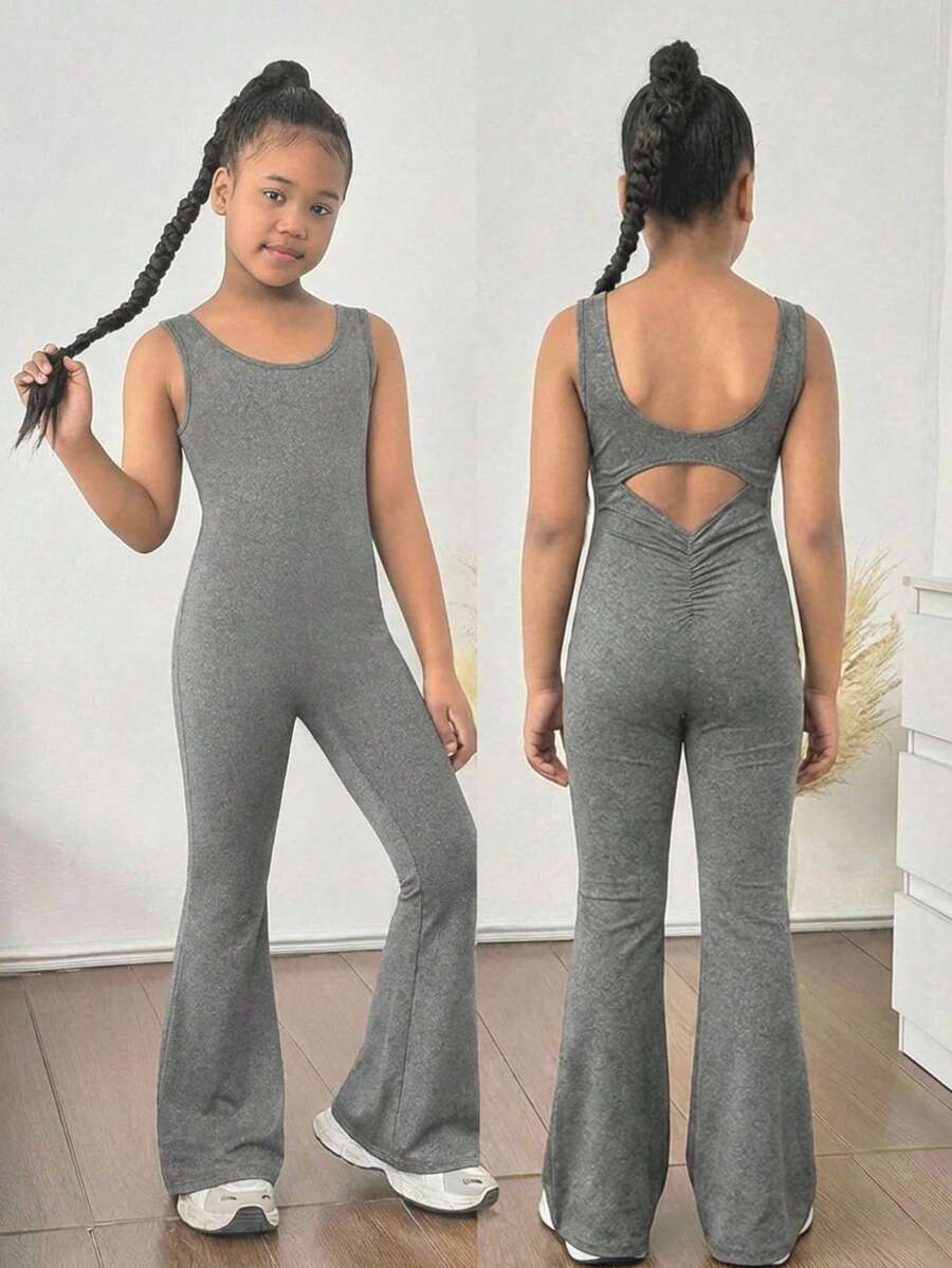 青少年女孩深灰色夏季休閒舞服,純色針織無袖露背短版背心喇叭褲,喇叭褲連身褲街頭風 - 灰色 - 查看 1