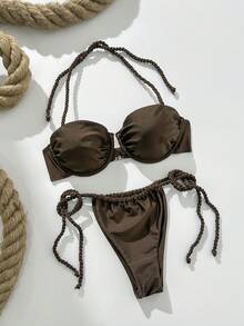 Swim Vcay Bộ bikini hai mảnh màu trơn dành cho nữ, kiểu cổ yếm, có gọng nâng ngực, thích hợp cho mùa xuân/hè. - màu nâu - Xem 2