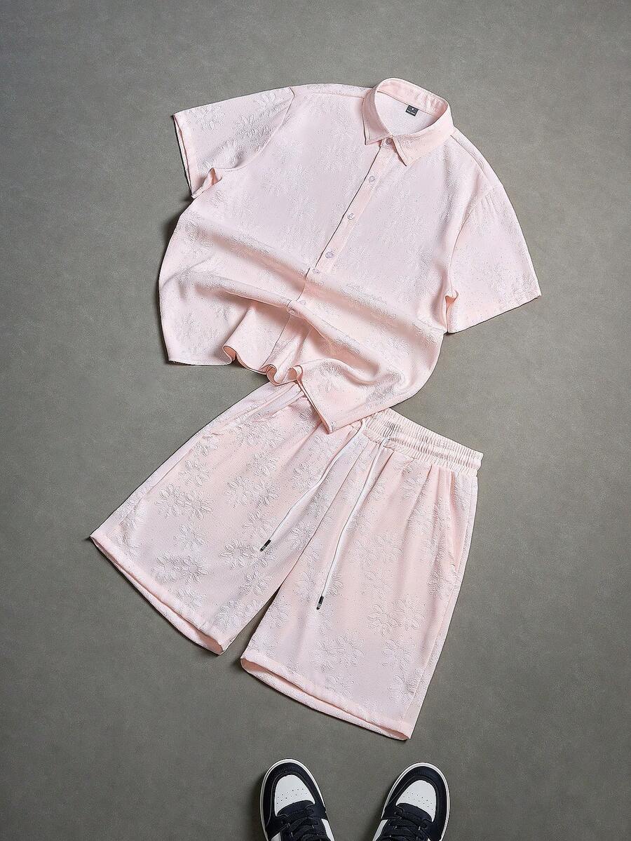 Manfinity EMRG 男士纯色前开襟休闲夏季舒适百搭短袖衬衫套装 - 淺粉色 - 查看 1