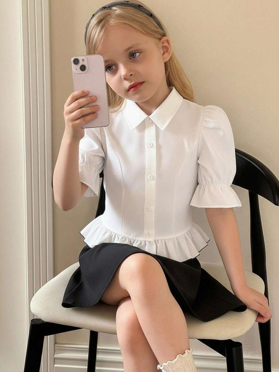 SHEIN 少女百搭纯色梭织翻领泡泡袖短袖修身荷叶边下摆白色衬衫，纽扣腰袖复古尖领前弧下摆白色衬衫，返校夏季上衣少女娃娃衫白色上衣白色衬衫长袖上衣可爱上衣返校季母女装。