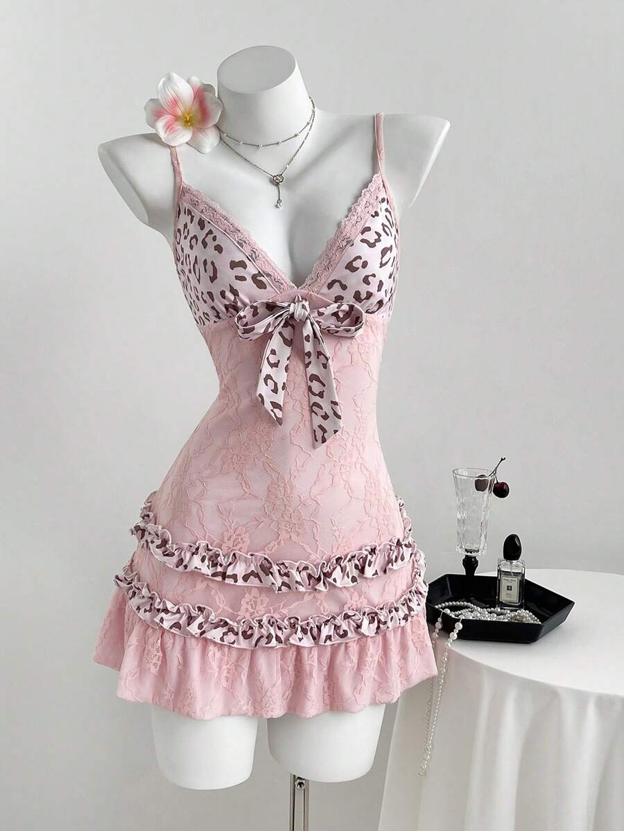 Elamini Women's Leopard Print Patchwork Camisole Dress - Pink - View 1