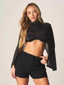 MISSGUIDED Women's Hooded Draped Long Sleeve Crop Top With Bell Sleeves And Open Back Detail - Black - View 4