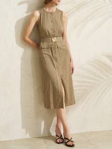 Airaco Women's Casual Everyday/Work Commute Striped Print Flap Pocket Belted Sleeveless Dress, Summer - Brown - View 1