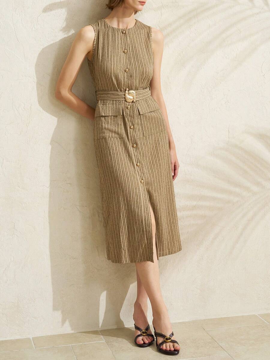 Airaco Women's Casual Everyday/Work Commute Striped Print Flap Pocket Belted Sleeveless Dress, Summer - Brown - View 1