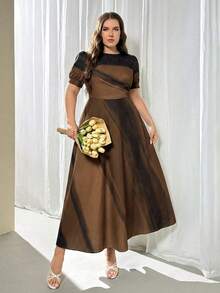 Firerie Spring & Summer Green Tie-Dye Tie Dye Pattern Elegant Maxi Dress With Puff Sleeves, Suitable For Graduation, Renaissance Fair - Coffee Brown - View 4