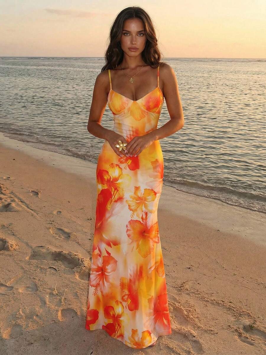 Aloruh 橙色扎染芙蓉花印花吊带紧身性感连衣裙，适合度假、海滩、音乐节、情人节等场合。