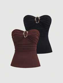 Sweetra Top corto con pliegues tipo bandeau de moda casual para mujer - Multicolor - Ver 3