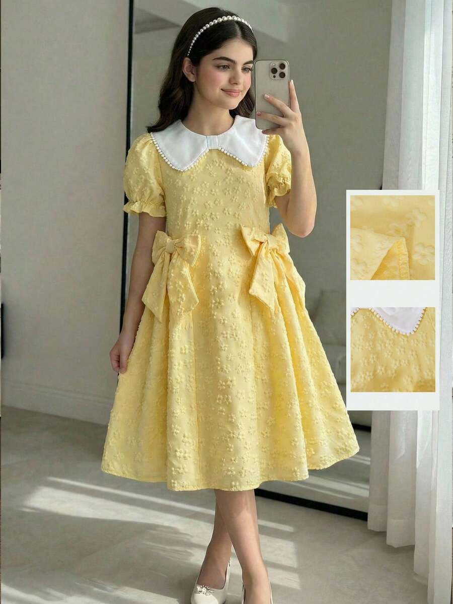 SHEIN Vestido de niña con estilo de princesa elegante, con bloque de color, cuello Peter Pan, mangas abullonadas y lazo, adecuado para salidas y reuniones