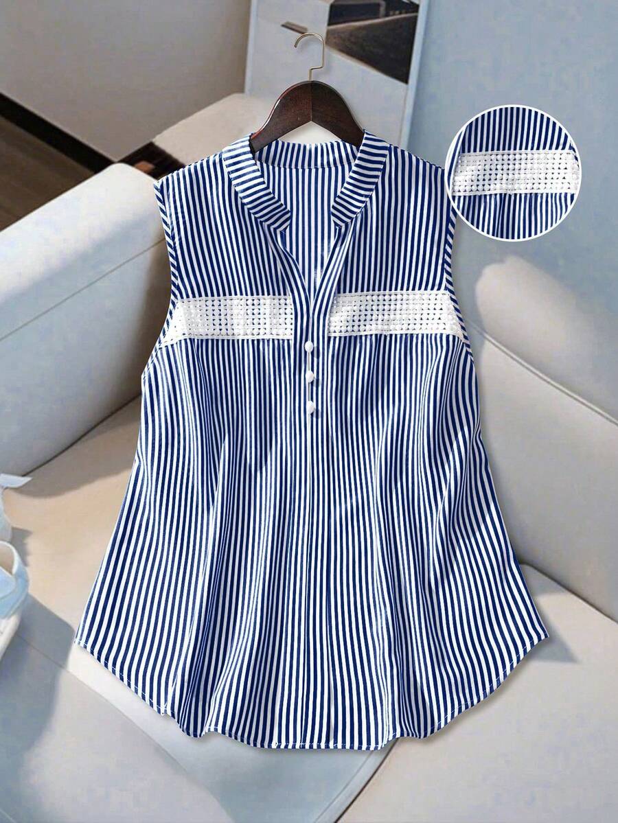 GlowEve CURVE Striped Patchwork Ruffle Sleeveless Blouse, Summer - Navy Blue - View 1