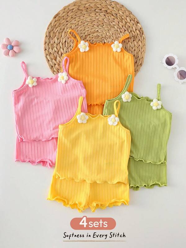 Cozy Pixies Kids Baby Girl 8pcs/Set Rainbow Color Casual Solid Color Knit Camisole Top And Shorts Set Baby Girls Solid Color Sleeveless Ruffle Trim Set Four Piece Baby Clothes Set Baby Girl Ribbed Cami Shorts Set