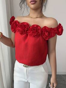 Rafferiza 露肩纹理花卉条纹面料衬衫 - 紅色 - 查看 7