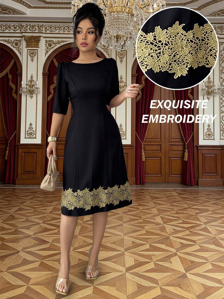 SHEIN ChicEase Women's Black Scoop Neck Floral Lace Patchwork Midi Dress - Black - View 1