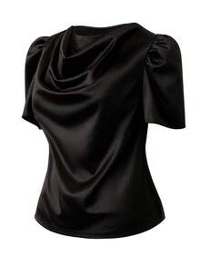 EMERY ROSE Women's Fashion Ruffle Neck Short Sleeve Pleated Hem Elegant Mature Casual Vacation Outing Party T-Shirt, Spring/Summer - Black - View 4