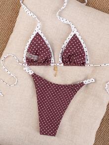Swim Mod Women's Summer New Polka Dot Contrast Color Print Sexy 70s Retro Backless Bikini Set With Triangle Bag, Suitable For Beach Party Vacation - Multicolor - View 2