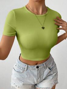 SHEIN Glamour 女士纯色简约圆领短袖T恤，日常穿着 - 青檸色 - 查看 5